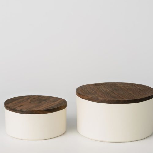 Set di 2 contenitori in ceramica con coperchio in legno